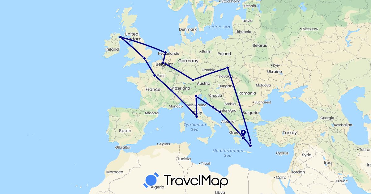 TravelMap itinerary: driving in Belgium, Germany, France, United Kingdom, Greece, Croatia, Italy, Netherlands, Poland (Europe)